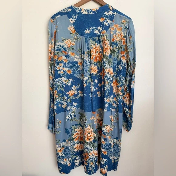 ANTHROPOLOGIE Tiny Gaina Dress XL Blue Floral Print Long Sleeve Pockets